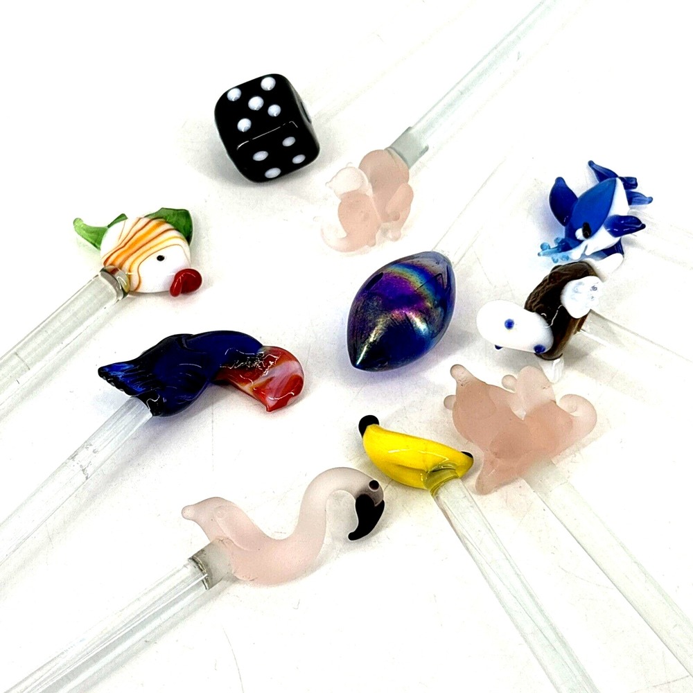 LOT OF 10 Vintage Glass Drink Stirrers Swizzle Sticks Dice‎ Animals Bird Ocean